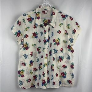 April Cornell Floral Pintuck Button-Up Shirt Short Sleeve Size XL Cotton
